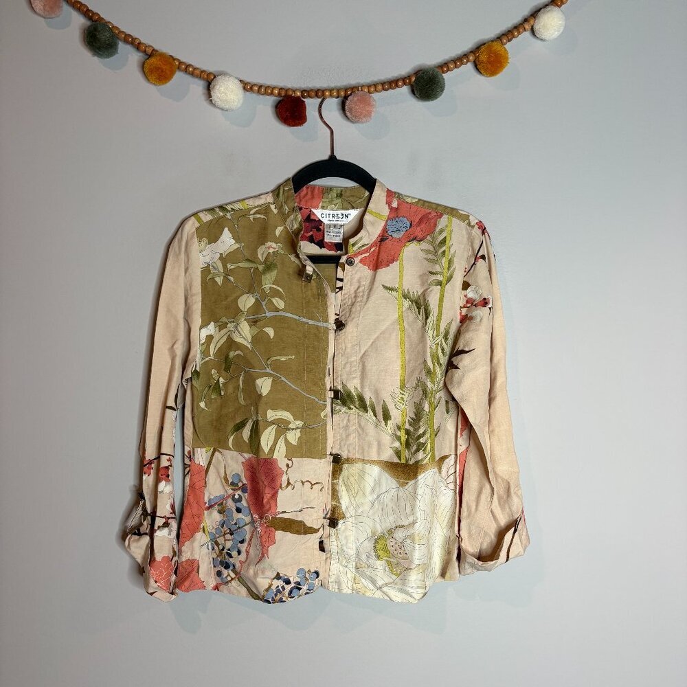 Citron silk linen blend floral patterned jacket top